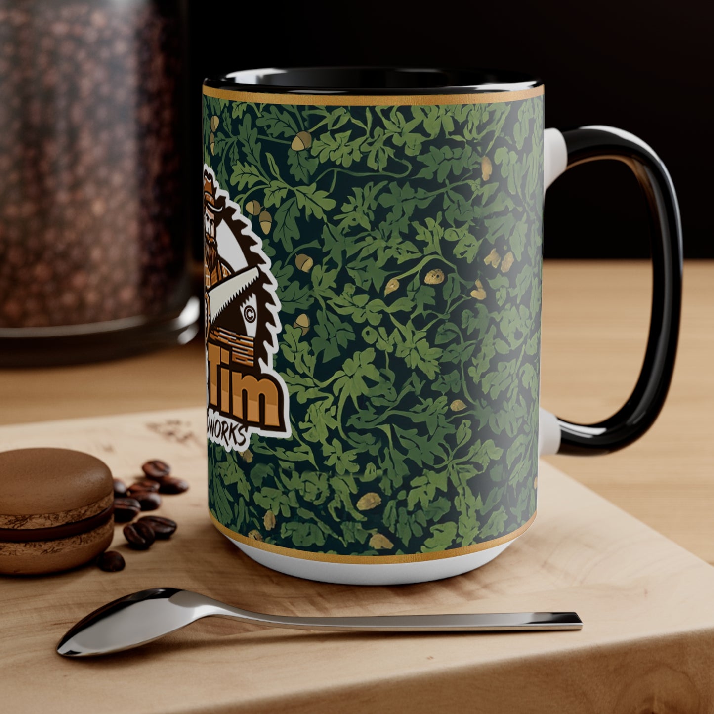 Promotional Mug - Big Tim Woodworks Logo with Oak Leaves and Acorns Design