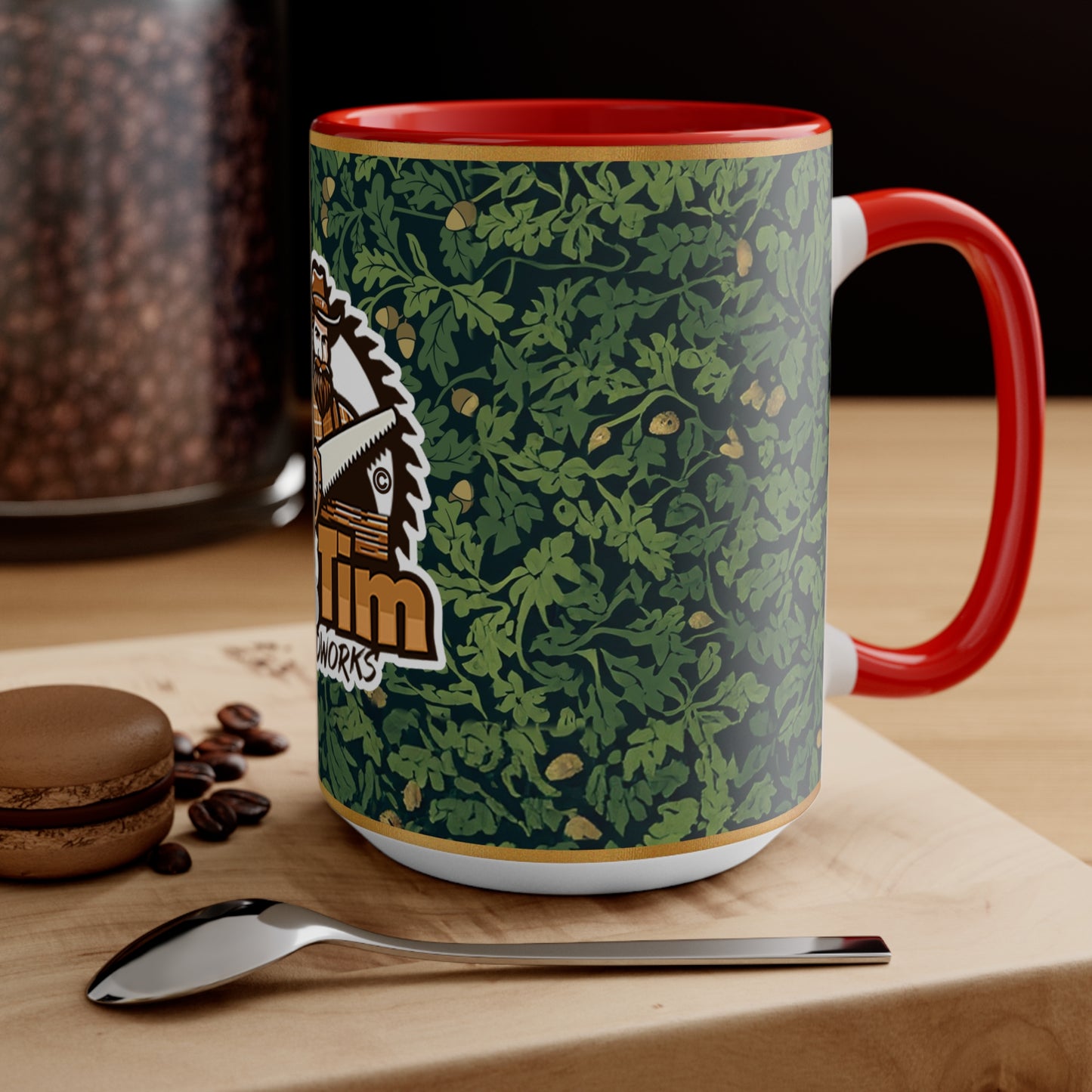 Promotional Mug - Big Tim Woodworks Logo with Oak Leaves and Acorns Design